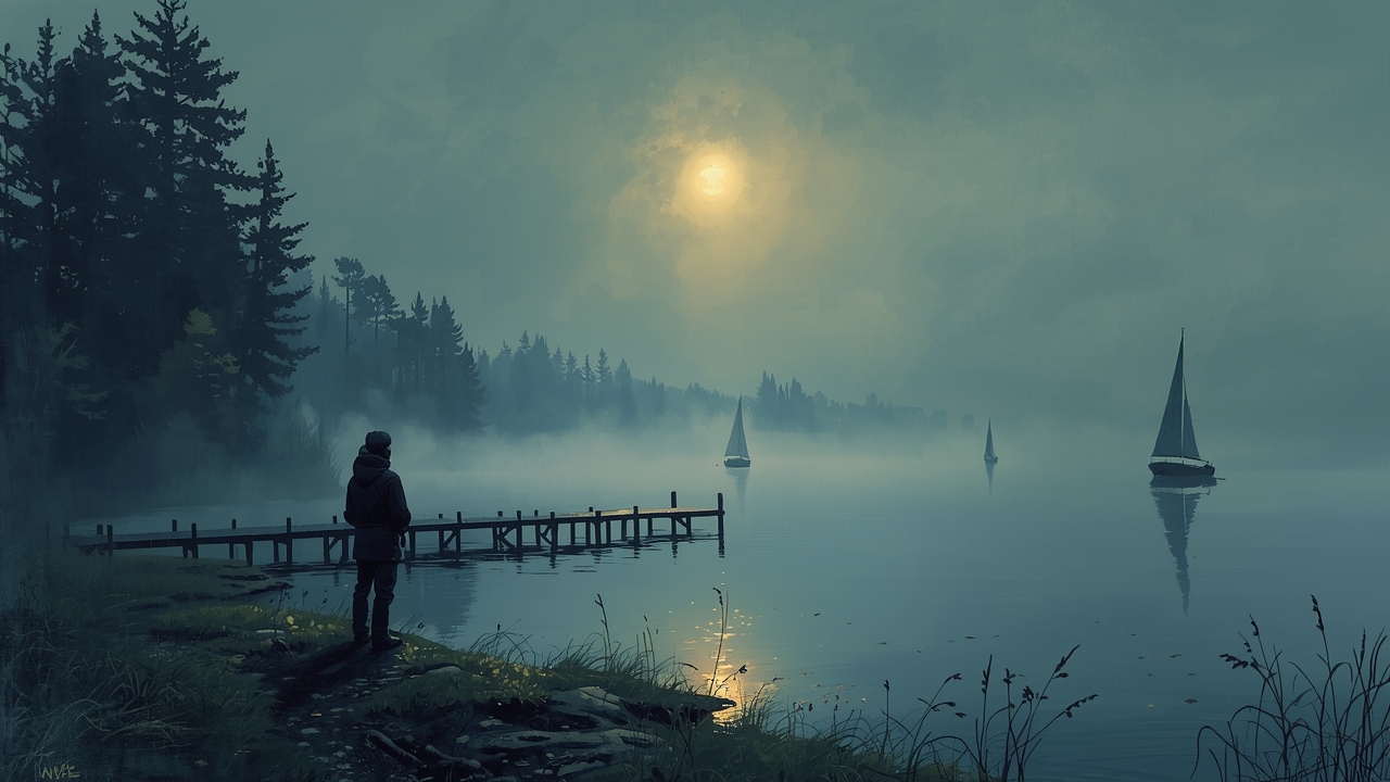 Full moon rises over a peaceful lake