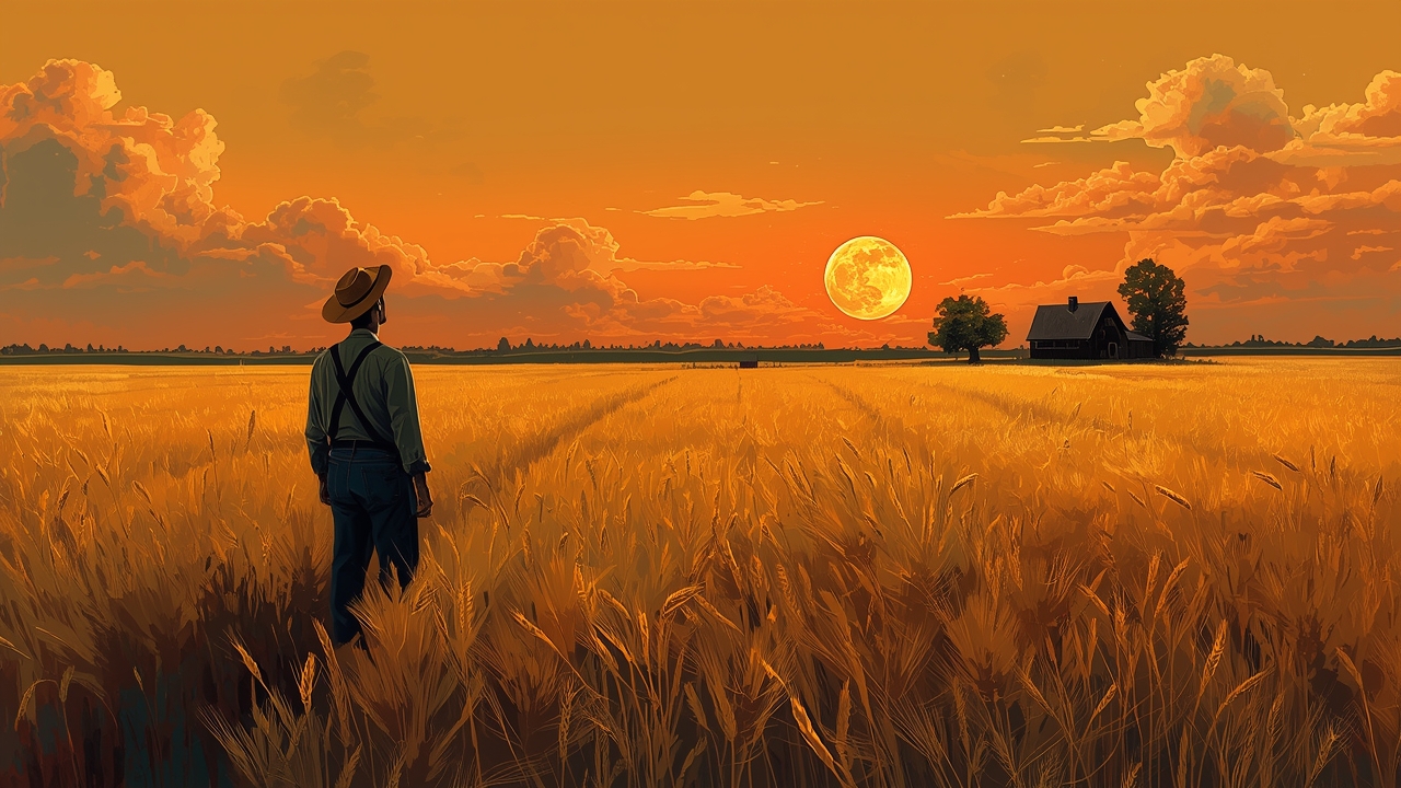 Harvest Moon rises over rural landscape