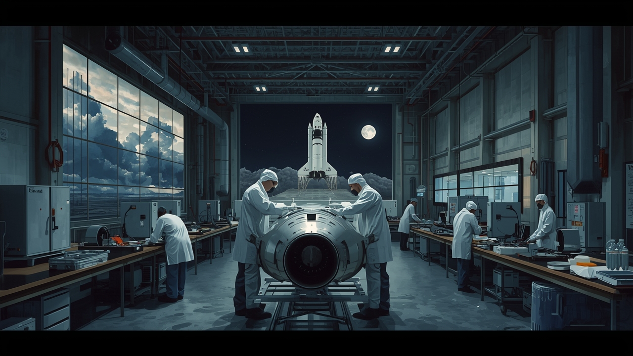 Lunar mission payload takes shape in nighttime assembly